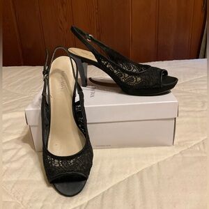 Nine West Black Lace Sling Back Open Toe 9.5M